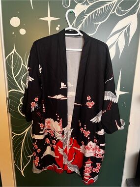 🖤🤍❤️ Black Kimono Jacket with Red & White Crane Print ❤️🤍🖤